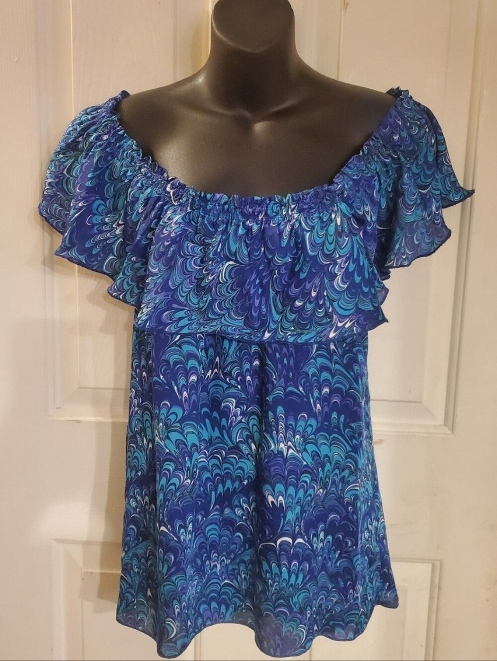MICHAEL Michael Kors Blue Marble Off-Shoulder Ruffle Top